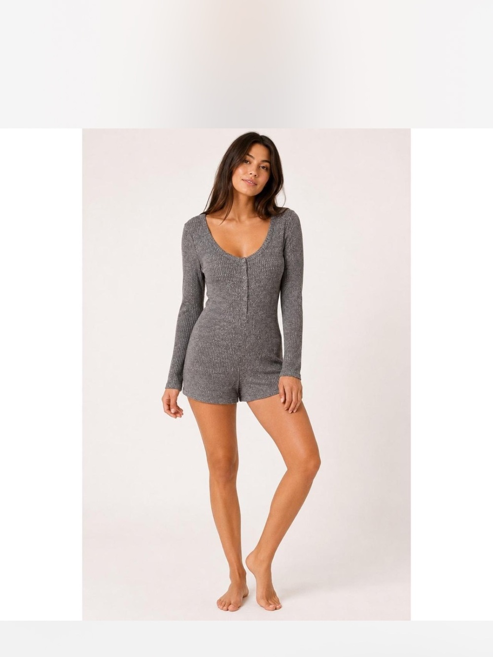 Aerie Soft Knit Long Sleeved Henley Romper Gray Medium